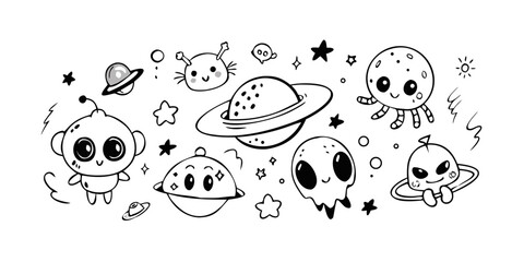 Cute cartoon aliens and U F Os with planets and stars