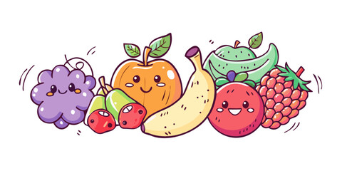 Cute cartoon fruits with happy faces smiling