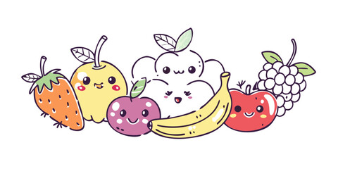 Cute cartoon fruits with happy faces on white background 1