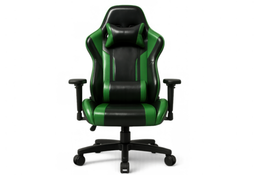 Gaming chair in black and green colors, ergonomic design providing comfort and support for long sessions, transparent background