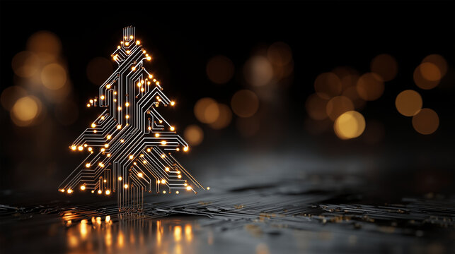 Tech Christmas Tree: An innovative fusion of holiday cheer and technological innovation, a Christmas tree formed from circuit board pathways, illuminated by soft golden lights on a dark background.
