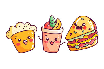 Cute smiling fast food characters on white background 1