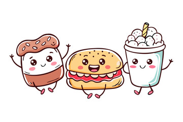 Cute smiling fast food characters on white background