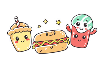 Cute smiling fast food characters with stars icons