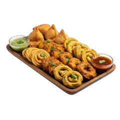 Assortment of Indian Appetizers and Snacks with Mint and Tamarind Chutneys on a Wooden Platter Isolated on a Transparent Background