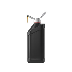 Black oil lubricant bottle with red accent and silver nozzle dispensing yellow liquid isolated on black background high quality studio shot