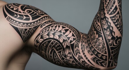 Arm with Intricate Black Tribal Tattoos on Forearm and Shoulder in Artistic Style