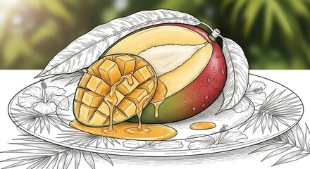 Mango Fruit Still Life with Melting Honey on Decorative Plate in Artistic Style