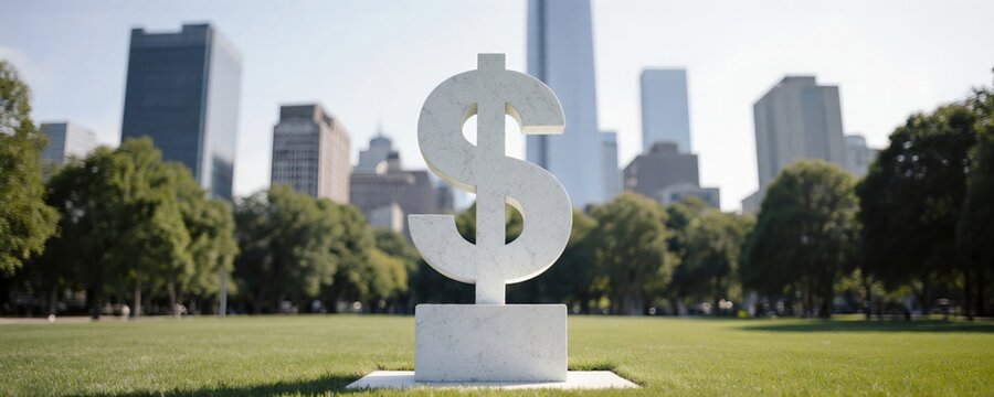 Large Dollar Sign Sculpture in Urban Landscape with Skyscrapers