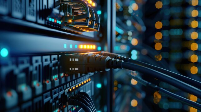 Close-up of network cables connected to a server rack in a data center, illustrating information technology and network infrastructure.