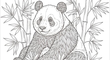 Black and White Illustration of Cute Panda Bear Sitting Among Bamboo Plants