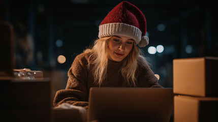 Holiday Order Processing: A woman in a festive hat diligently works on her laptop in a dimly lit warehouse filled with holiday package, conveying the essence of the season's business rush.