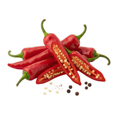 Bright Red Cayenne Chili Peppers Halved and Whole with Black Peppercorns on a Transparent Background