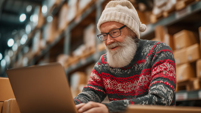 Festive Digital Tasks: An elderly man dressed in seasonal attire, engrossed in his laptop. A warehouse scene forms the backdrop.