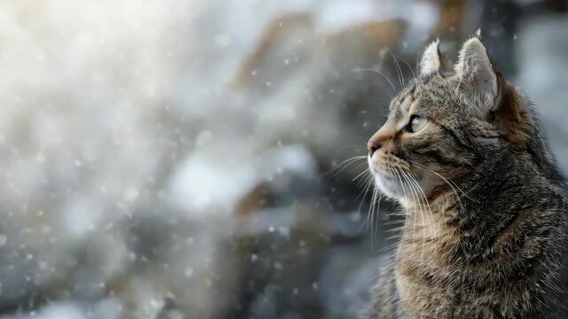 Tabby cat looks contemplative against snowflake-filled background