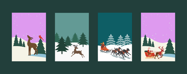 Minimalist Winter Holiday Cards Vector Set. Flat Christmas Scenes with Deer, Forest, Dogsled, and Santa Claus Sleigh