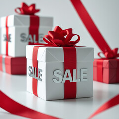 Festive Sale Announcement with Red Bows and Gift Boxes Promotion
