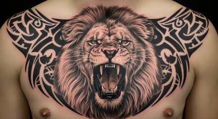 Lion Tattoo on Chest with Tribal Design in Black and Gray Realistic Style