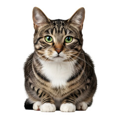 Obraz premium Regal Brown Tabby Cat with White Chest Green Eyes Sitting Isolated White Background
