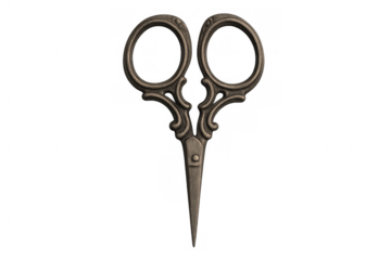 Vintage ornate embroidery scissors, antique bronze metal craft tool for sewing and tailoring, transparent background