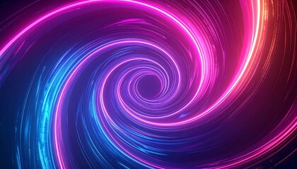 Spiraling neon light tunnel with vibrant hues of pink, blue, and orange
