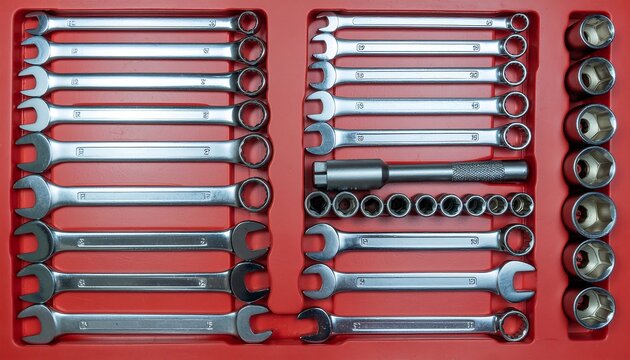 Wrenches, socket set, and ratchet arranged neatly on red mat, perfect for mechanic tools background, workshop organization, and industrial repair concept. - Powered by Adobe