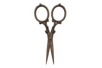 Ornate vintage metal scissors, antique style tool for crafting and cutting, featuring a decorative design. Transparent background