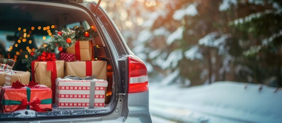 Obraz premium A car trunk filled with colorful wrapped gifts and Christmas decorations. Snow-covered trees are visible in the background, creating a festive winter scene.
