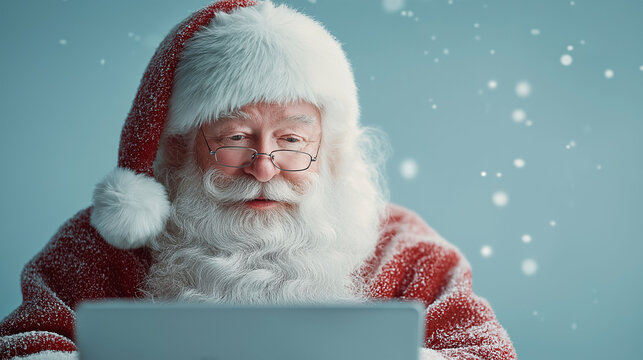 Santa Claus Using Laptop: Santa, in his iconic red suit and cap, sits thoughtfully at a laptop computer. Surrounded by gently falling snowflakes, he appears to be lost in thought.