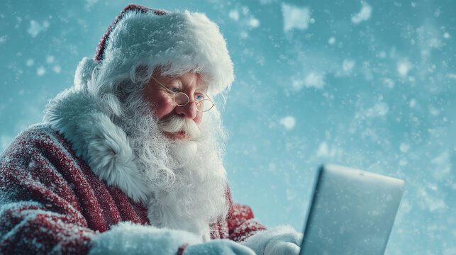 Santa's Digital List: A jovial figure, dressed in traditional red, reviews his digital list on a laptop amidst a snowy flurry, blending Christmas tradition with modern technology.