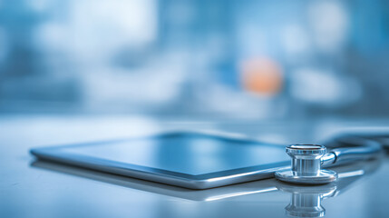A stethoscope resting on a tablet device in a blurred medical office environment setup