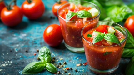 Two glasses of tomato gazpacho soup with basil leaves on a dark surface surrounded by fresh tomatoes and spices.