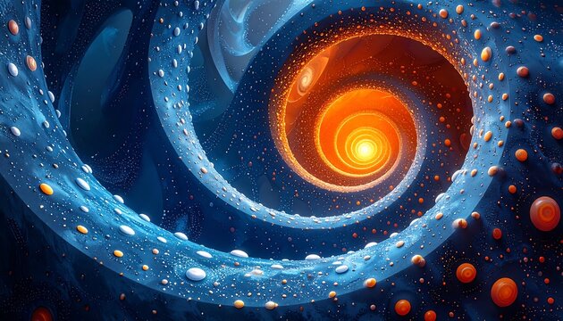 Spiraling tunnel of blues and oranges with luminous core - Powered by Adobe