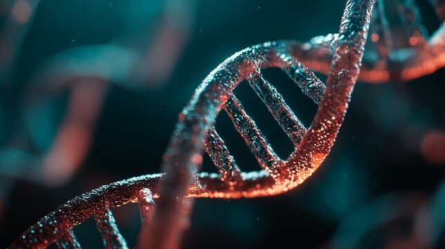 Close up view of a dna strand with a red and blue color scheme on a dark background