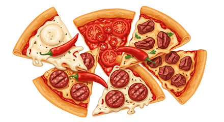 Delicious and diverse pizza slices, generously topped with savory ingredients and fiery red chili peppers, offering a wonderfully spicy and satisfying culinary treat