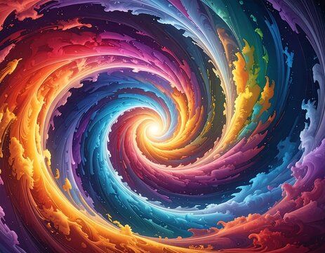 Spiraling vortex of vibrant, swirling rainbow-colored clouds, emanating light - Powered by Adobe
