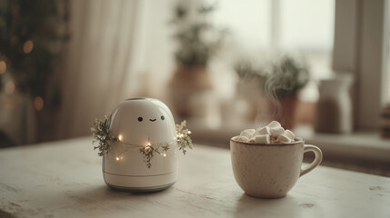 Obraz premium Tiny robot with Christmas lights by cocoa mug