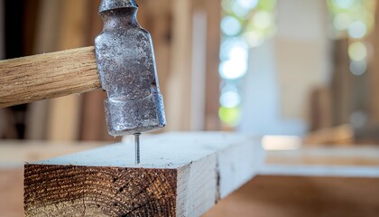 Macro shot of hammer striking nail on wooden plank with blurred background, perfect for construction work, carpentry, and DIY project concept.