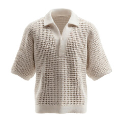 Textured, off-white knit polo shirt with short sleeves