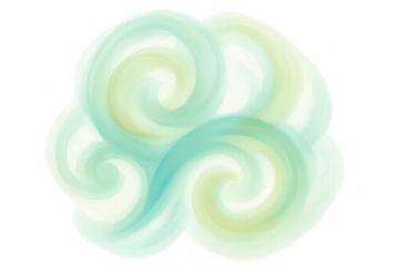 Abstract pastel green and blue watercolor swirls creating a dynamic and soft artistic background on transparent