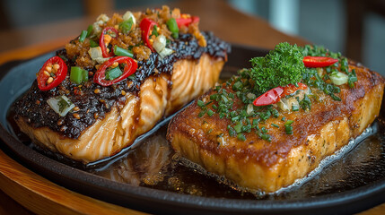 Close up fish steak and meat steack spicy in the black plate , thai food style.