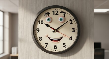 Whimsical Smiling Face Clock with Eyes and Mouth on Office Wall
