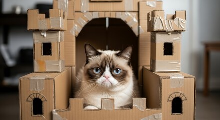 Grumpy Cat with Blue Eyes Sitting Inside Cardboard Castle Model for Pet and Cat Toys or Home Decor