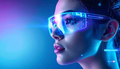 Human wearing transparent smart glasses with virtual screens and digital overlays around face, blue and purple gradient light, AI interface theme, ultra-modern composition"