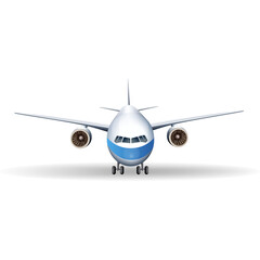 Front View Of A Modern Passenger Jet Airplane With White Blue Body And Two Engines Isolated On White Background With Shadow