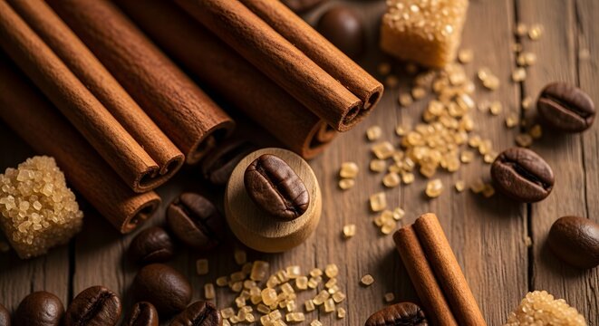 Close-up of coffee beans, cinnamon sticks, and brown sugar crystals scattered on a rustic wooden surface, suggesting a warm and aromatic beverage preparation. - Powered by Adobe