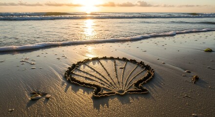 Sunset Beach with Shell Drawing in Sand Calm Ocean Waves Golden Light