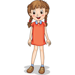 Full Body Cartoon Portrait of a Happy Young Girl with Brown Pigtails Wearing an Orange Dress and Brown Loafers Standing on a Transparent Background