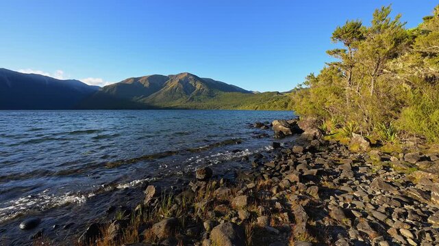 Ufer, felsig, B&auml;umen, Seeglitzert, klarer, Himmel, Bergen, Sommer, Lake Rotoiti, Saint Arnaud, Tasman Region, S&uuml;dinsel, Neuseeland, Ozeanien