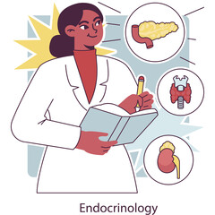 Endocrinology Specialist Woman Doctor Wearing White Lab Coat Studying Anatomical Diagrams of Pancreas Thyroid and Kidney Writing Notes on Open Book with Yellow Starburst on Blue Background